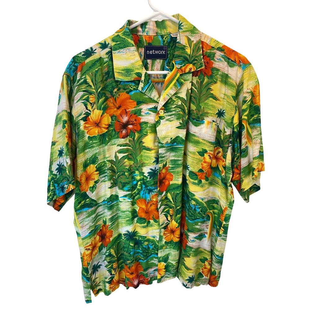 Vintage Network Men's Tropical Hawaiian Button Up Shirt Short Sleeve Size L READ